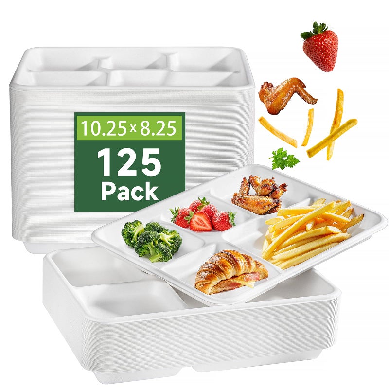 WELLIFE 100 Compostable 5 Compartment Paper Plates 1025 825 Inch 125 Pack Samll Heavy Duty Divided Disposable School Lunch Trays EcoFriendly Bagasse Plates for Boys Girls and Youth BPA Free